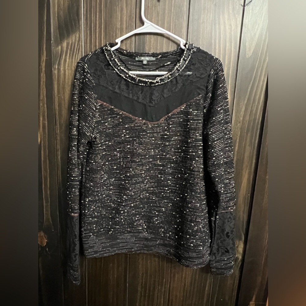 Miss Me Black Sparkle Lace Detail Sweater Top